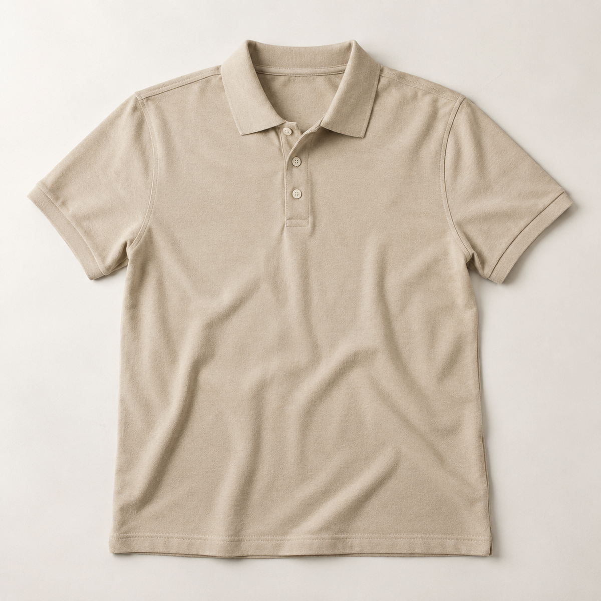 one plain beige men's short-sleeve polo shirt with a classic collar and three-button placket